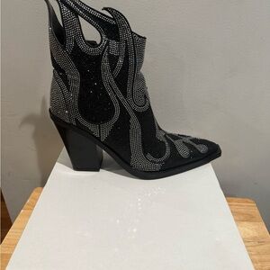 Rhinestone Flame pointed toe block heel ankle boots